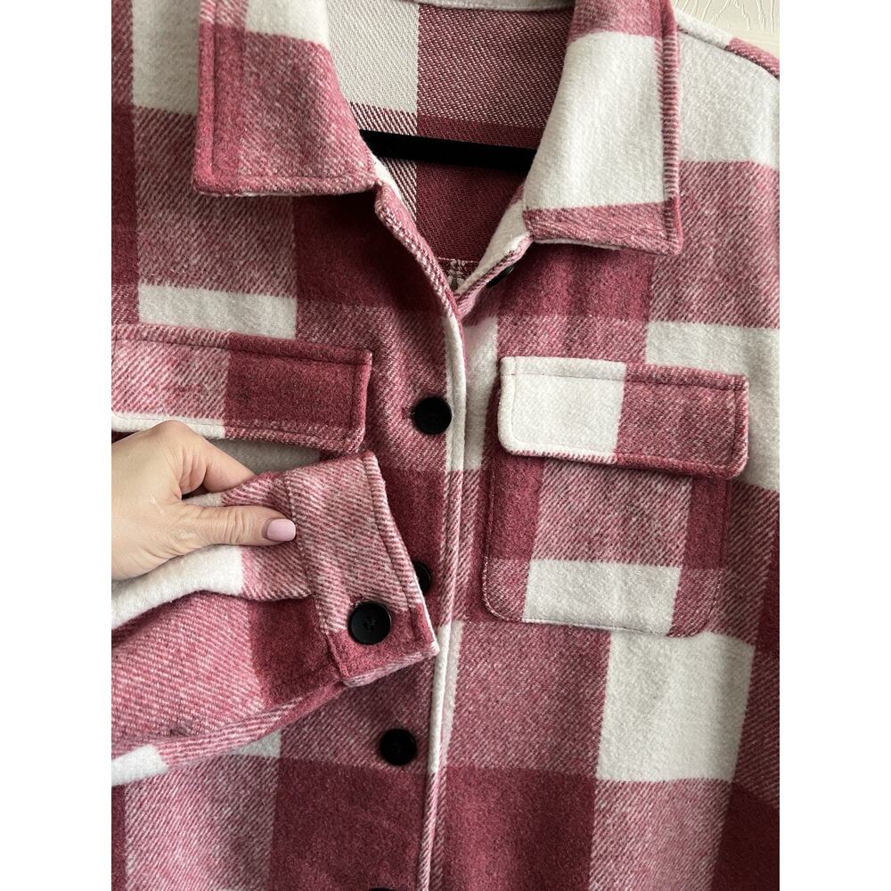 Pink White Plaid Check Buffalo Print Flannel Midi Button Long Shacket Jacket XL - Picture 3 of 11